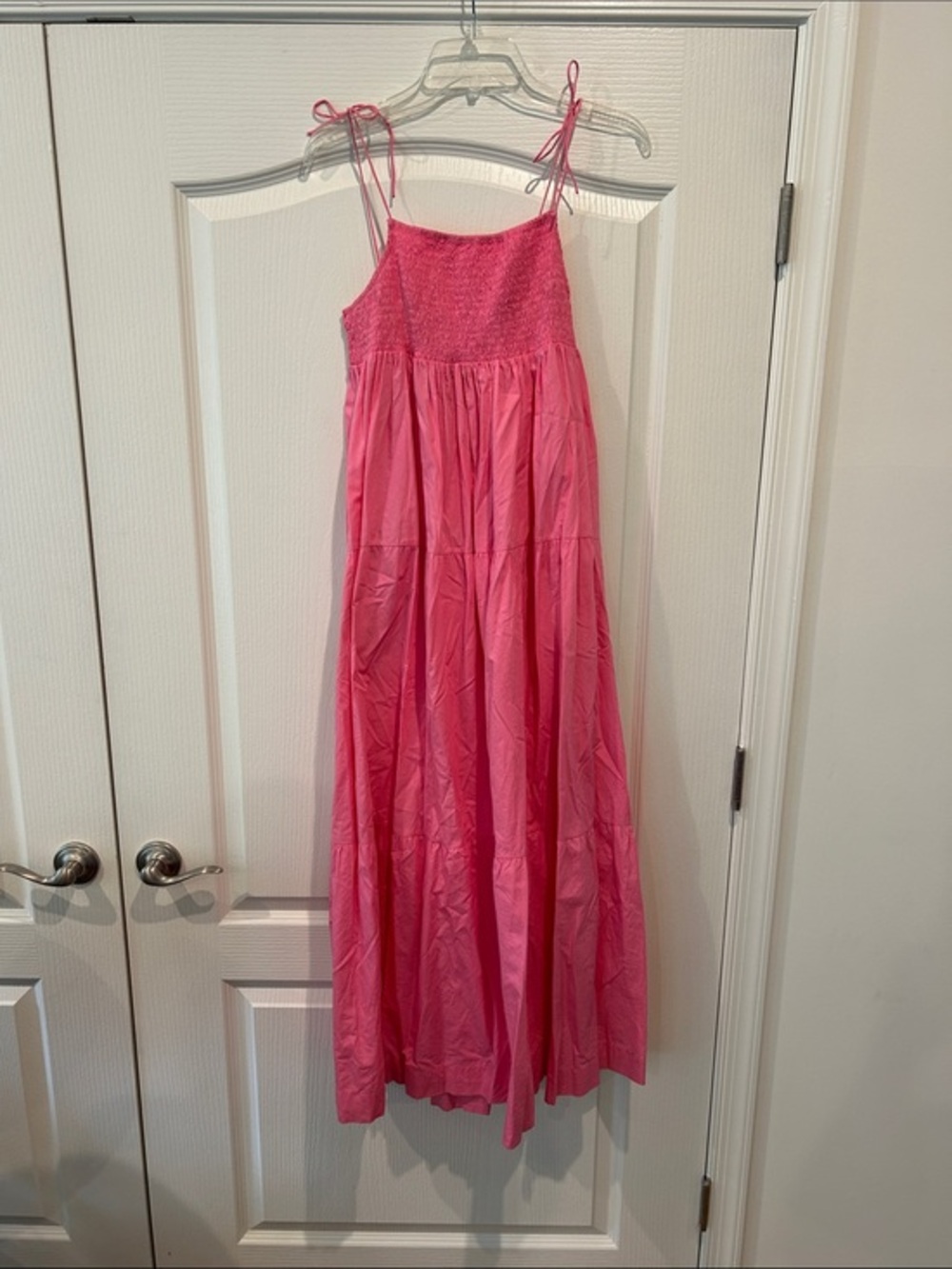 Bright Pink Smocked Maxi Dress with Tie Straps